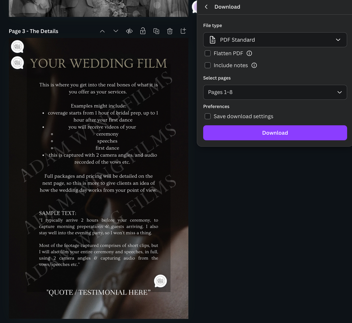 Pricing Guide Template - For Wedding Videographers