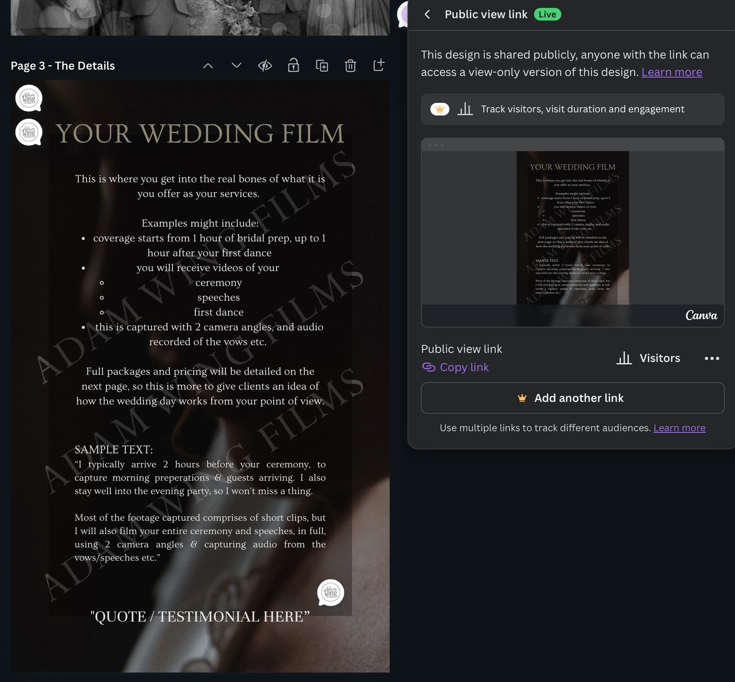 Pricing Guide Template - For Wedding Videographers